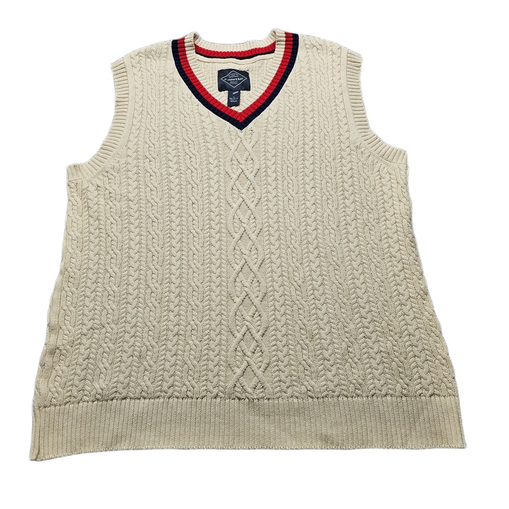 St John's Bay Sweater Vest Mens L Beige Cotton Blend Cable Knit V-Neck Pullover